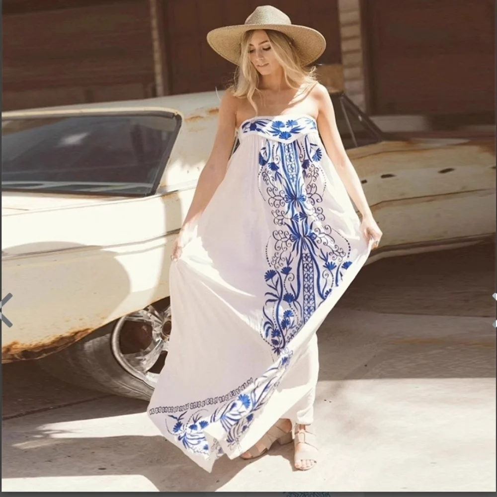 Chic White and Blue Strapless Maxi Dress - Picture 13 of 16